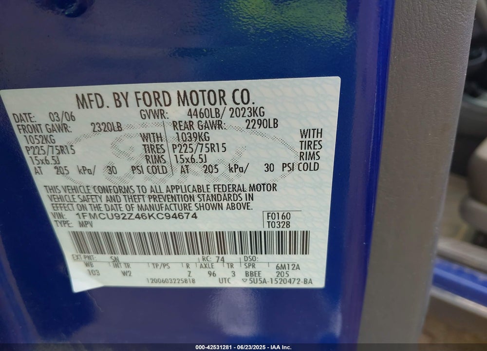 2006 FORD ESCAPE XLS/XLS MANUAL VIN: 1FMCU92Z46KC94674
