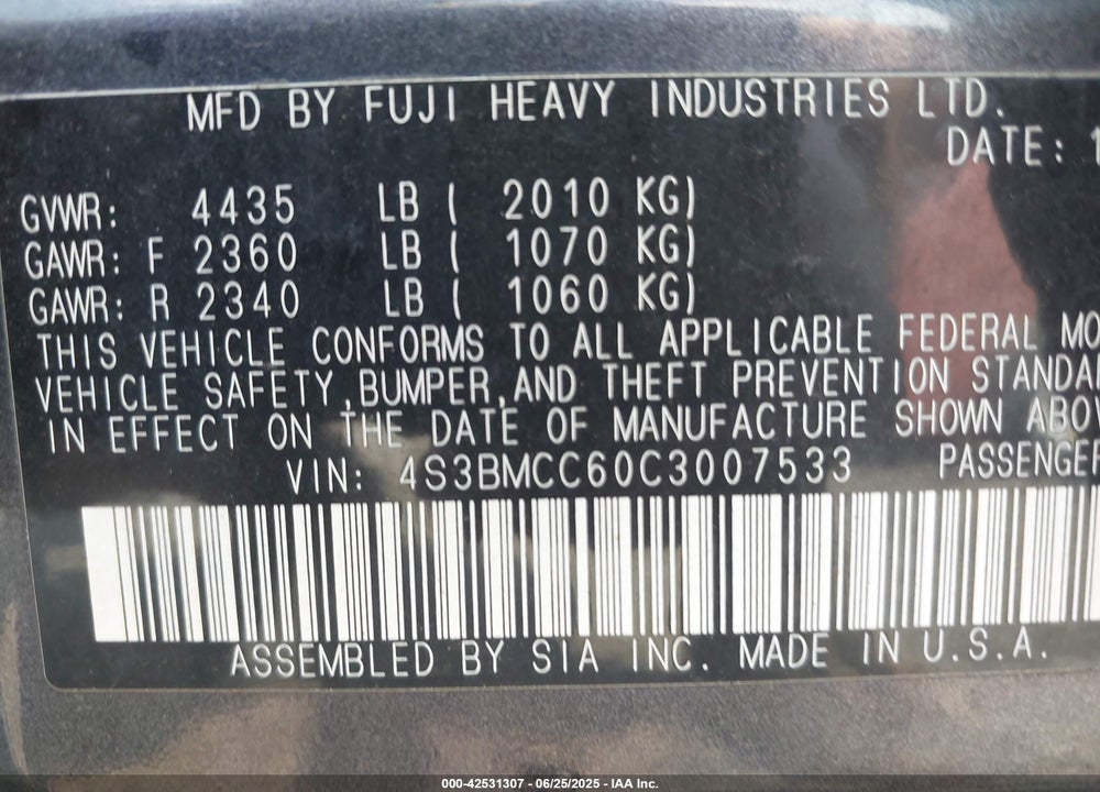 2012 SUBARU LEGACY VIN: 4S3BMCC60C3007533