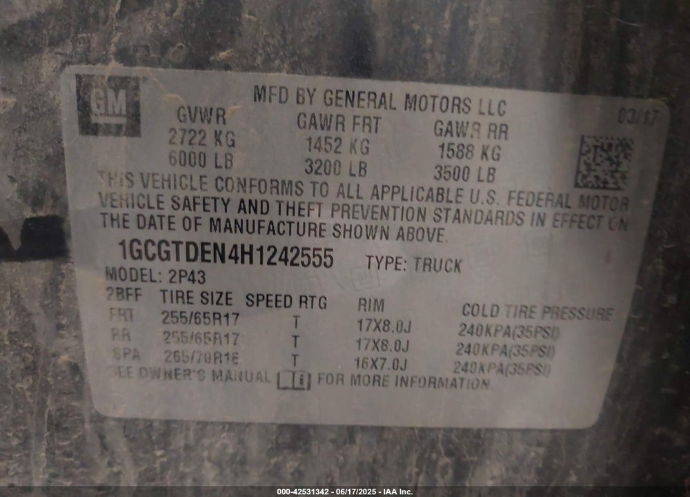 2017 CHEVROLET COLORADO VIN: 1GCGTDEN4H1242555