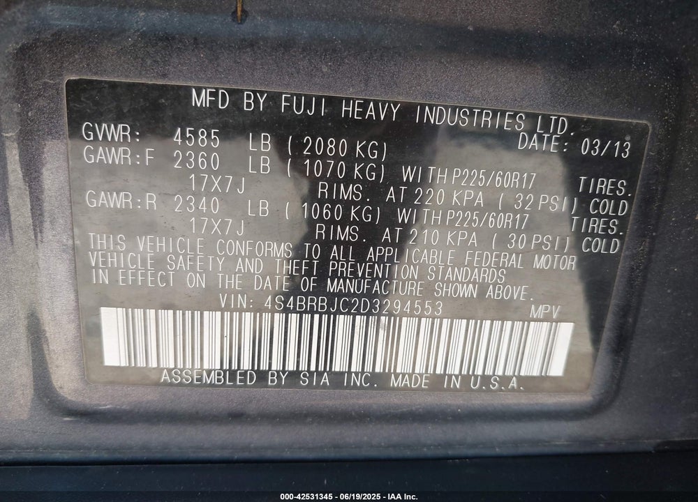 2013 SUBARU OUTBACK VIN: 4S4BRBJC2D3294553