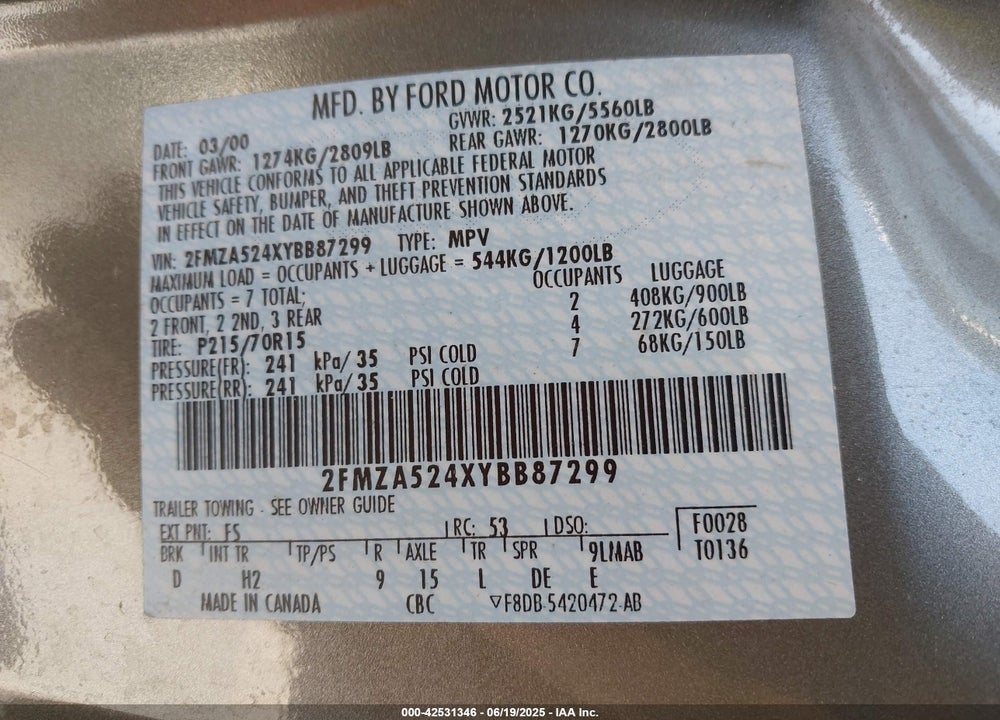 2000 FORD WINDSTAR SE VIN: 2FMZA524XYBB87299