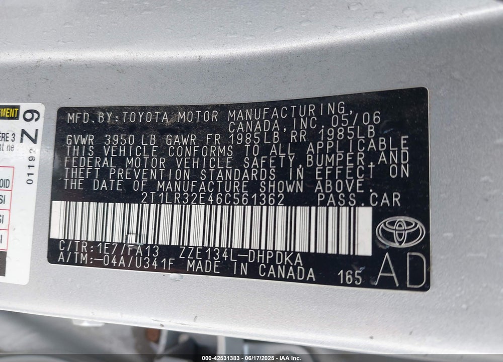 2006 TOYOTA MATRIX VIN: 2T1LR32E46C561362