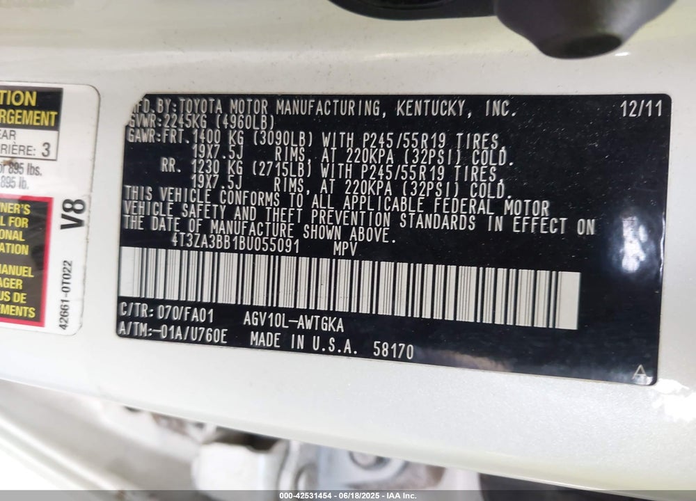 2011 TOYOTA VENZA VIN: 4T3ZA3BB1BU055091