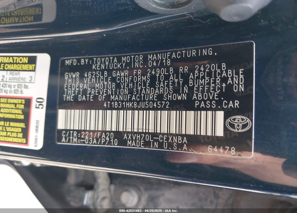 2018 TOYOTA CAMRY HYBRID LE VIN: 4T1B31HK8JU504572