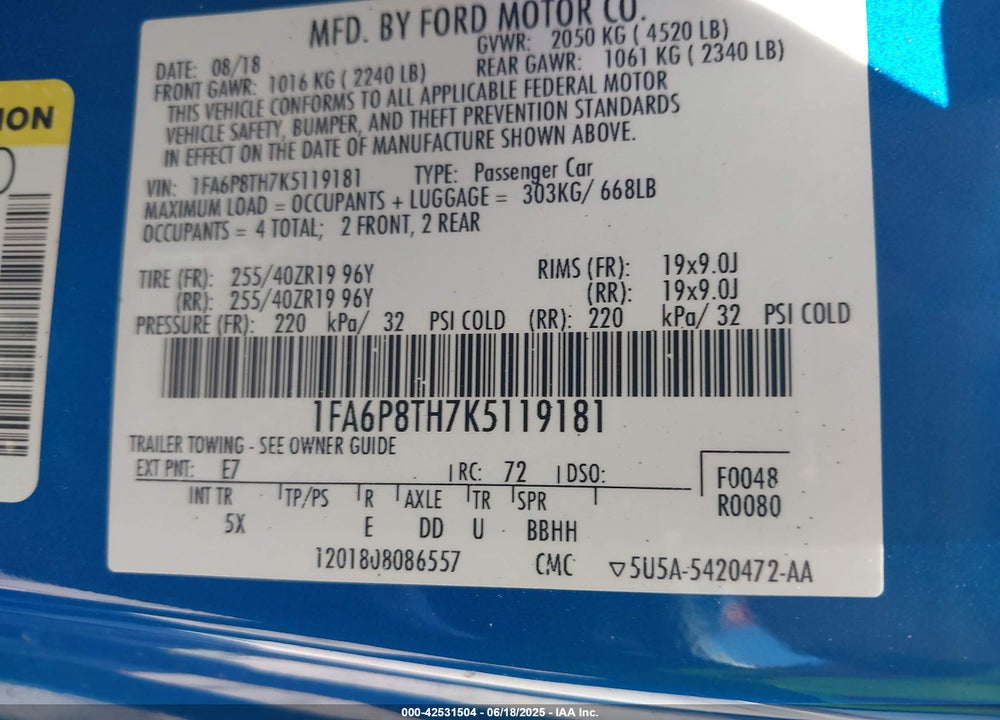 2019 FORD MUSTANG VIN: 1FA6P8TH7K5119181