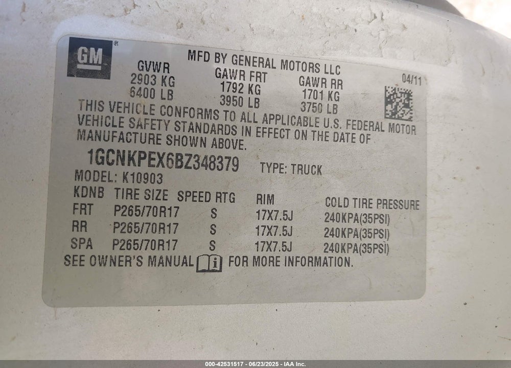 2011 CHEVROLET SILVERADO 1500 VIN: 1GCNKPEX6BZ348379