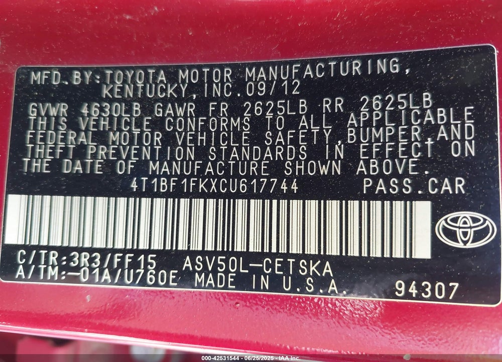 2012 TOYOTA CAMRY SE VIN: 4T1BF1FKXCU617744