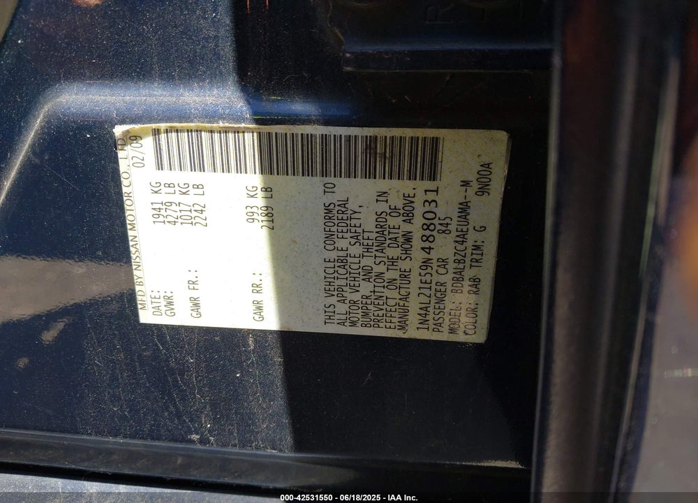 2009 NISSAN ALTIMA VIN: 1N4AL21E59N488031