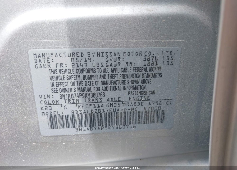 2019 NISSAN SENTRA VIN: 3N1AB7AP9KY360768