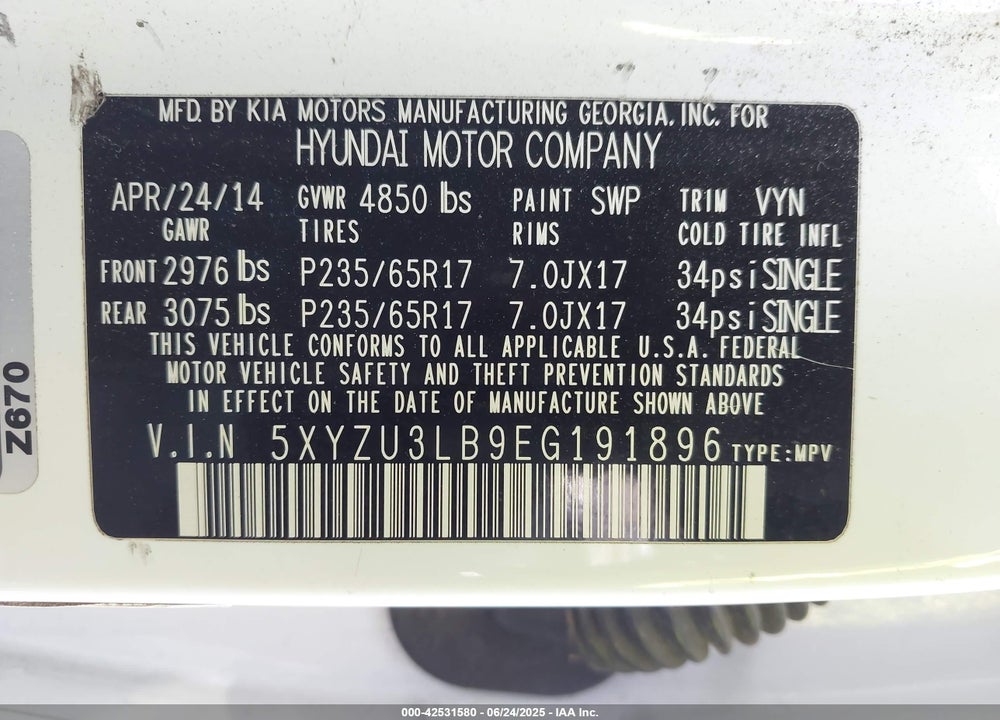 2014 HYUNDAI SANTA FE SPORT 2.4L VIN: 5XYZU3LB9EG191896
