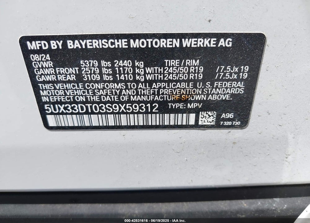 2025 BMW X4 VIN: 5UX33DT03S9X59312