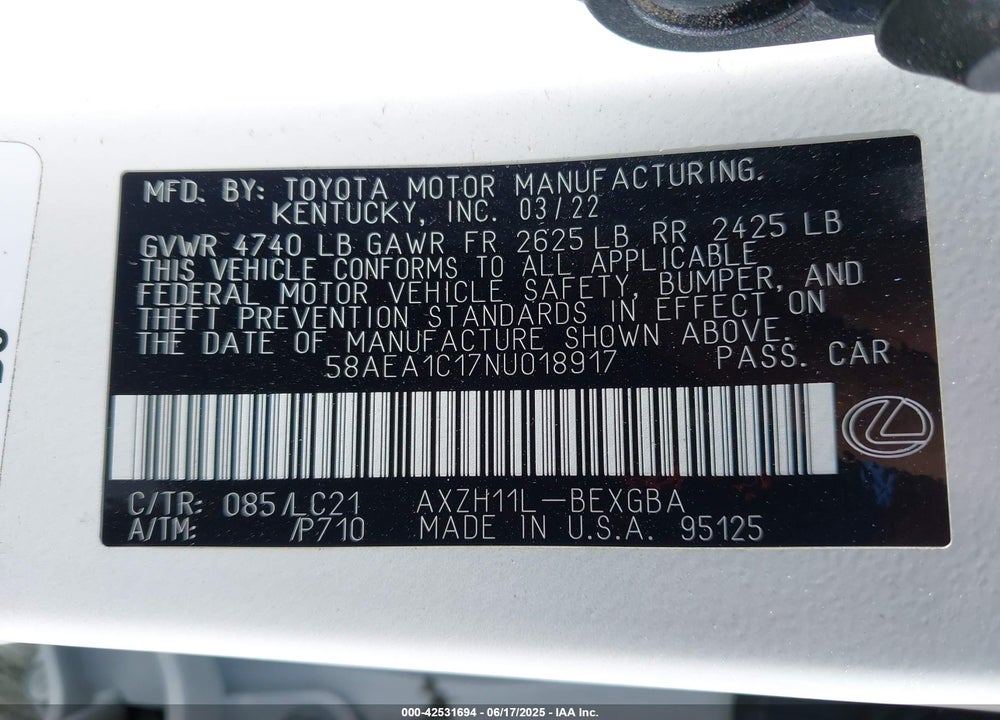 2022 LEXUS ES 300H LUXURY VIN: 58AEA1C17NU018917