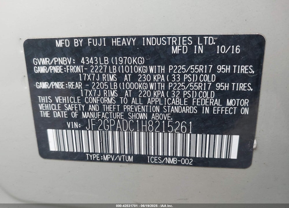 2017 SUBARU CROSSTREK VIN: JF2GPADC1H8215261