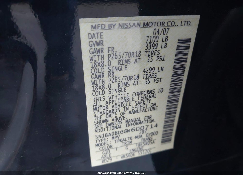 2008 NISSAN ARMADA VIN: 5N1BA08D38N600714