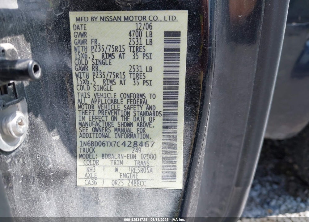 2007 NISSAN FRONTIER XE VIN: 1N6BD06TX7C428467