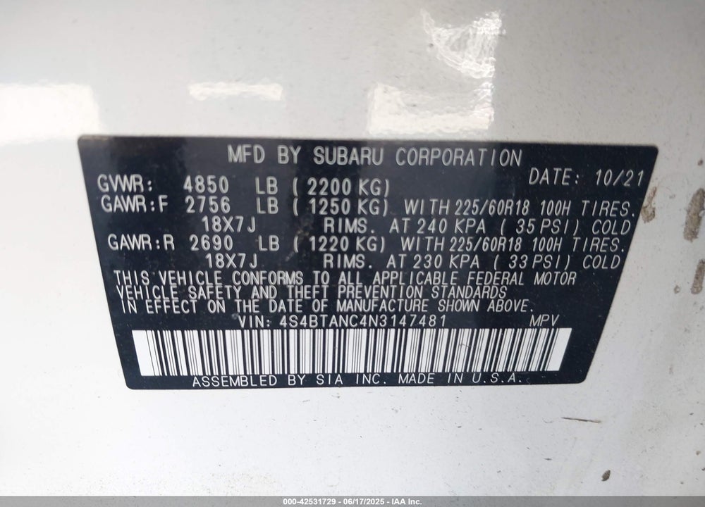 2022 SUBARU OUTBACK VIN: 4S4BTANC4N3147481