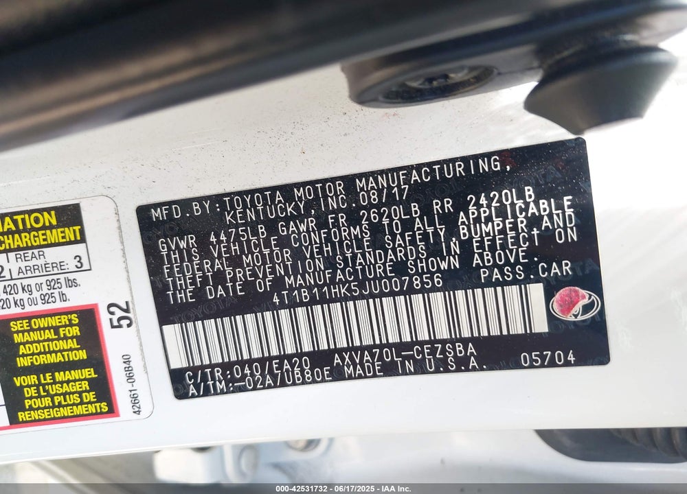 2018 TOYOTA CAMRY VIN: 4T1B11HK5JU007856