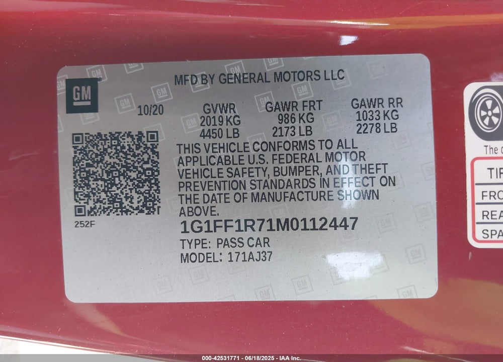 2021 CHEVROLET CAMARO VIN: 1G1FF1R71M0112447