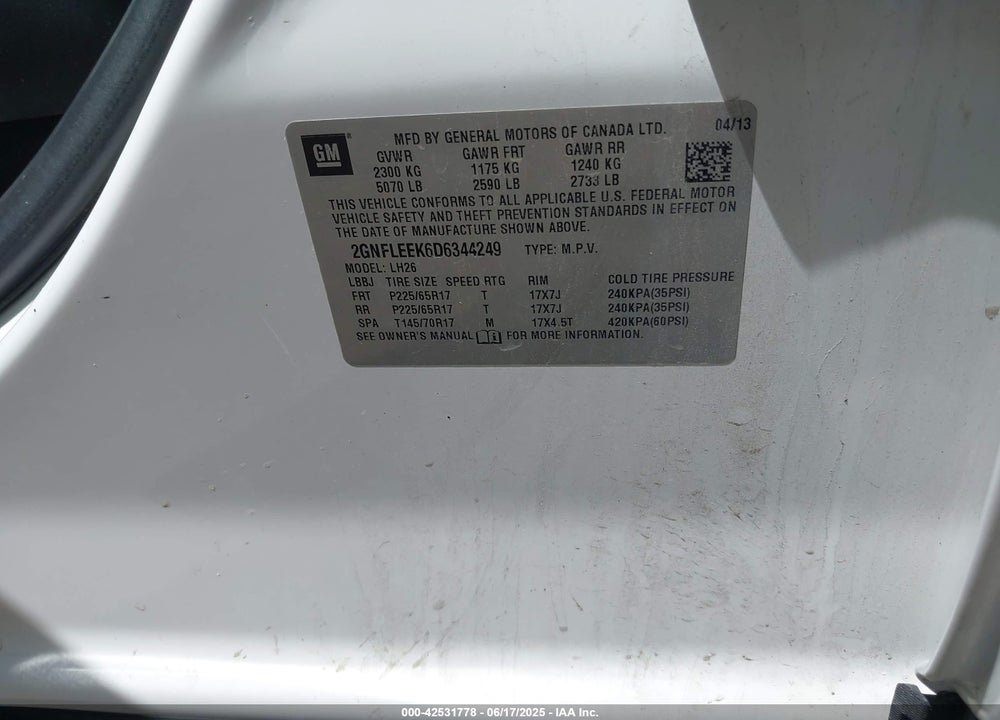 2013 CHEVROLET EQUINOX VIN: 2GNFLEEK6D6344249