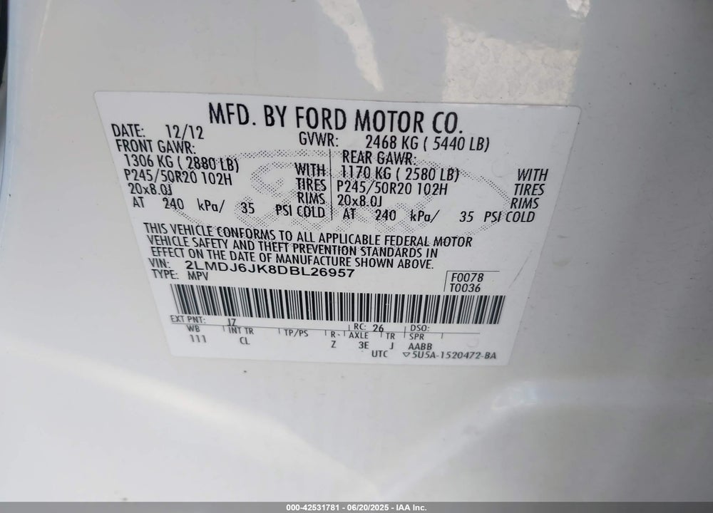 2013 LINCOLN MKX VIN: 2LMDJ6JK8DBL26957