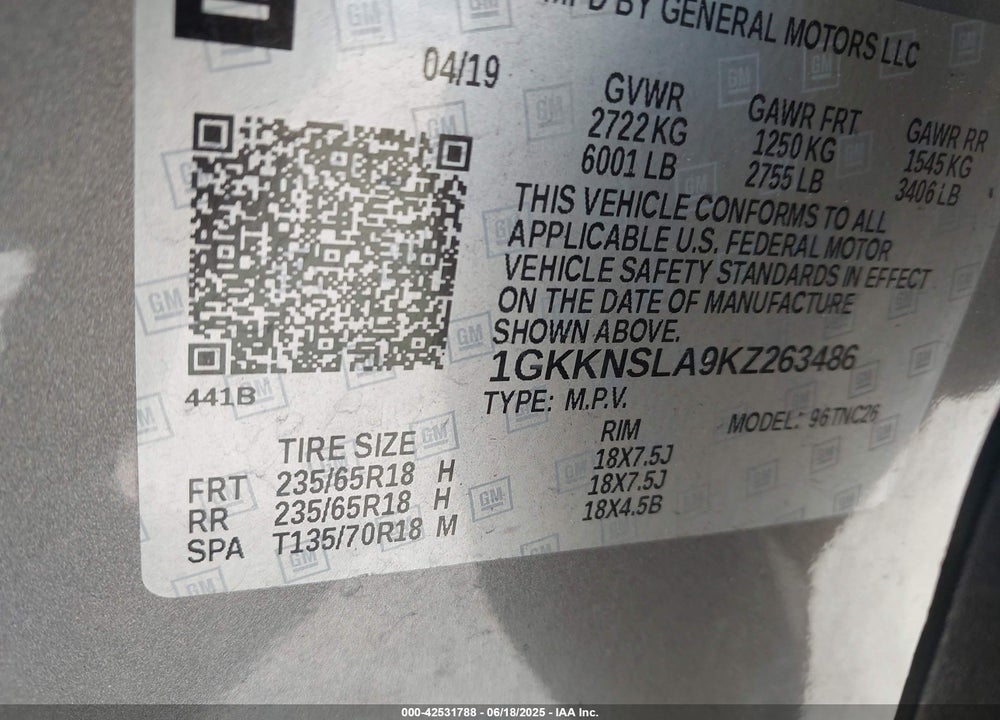 2019 GMC ACADIA VIN: 1GKKNSLA9KZ263486