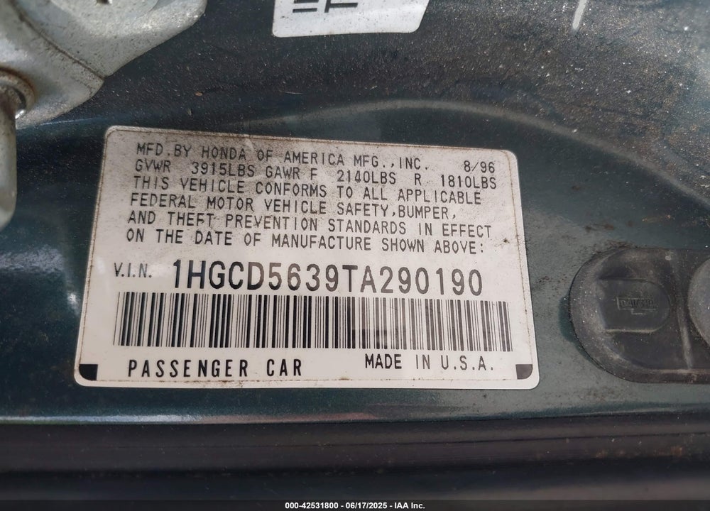 1996 HONDA ACCORD LX/EX VIN: 1HGCD5639TA290190