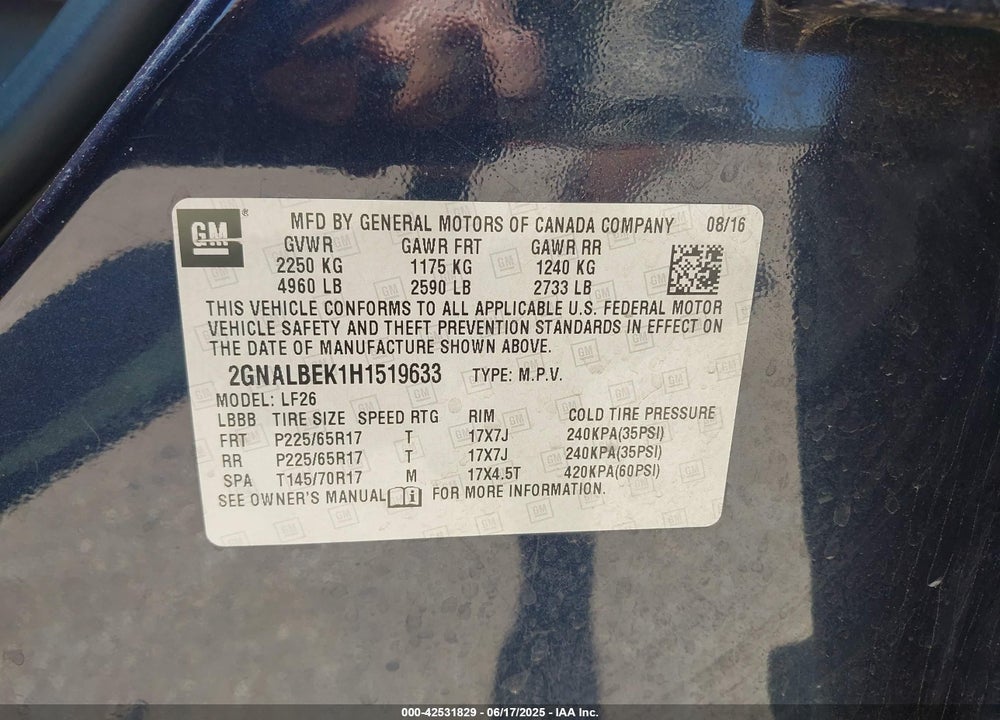 2017 CHEVROLET EQUINOX VIN: 2GNALBEK1H1519633