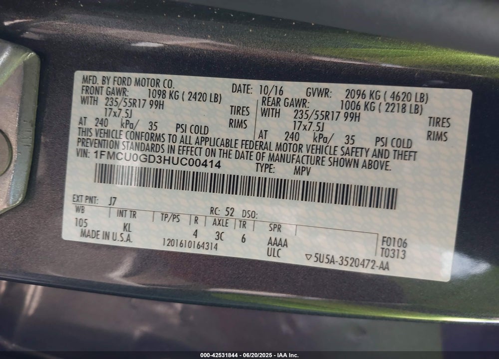 2017 FORD ESCAPE VIN: 1FMCU0GD3HUC00414