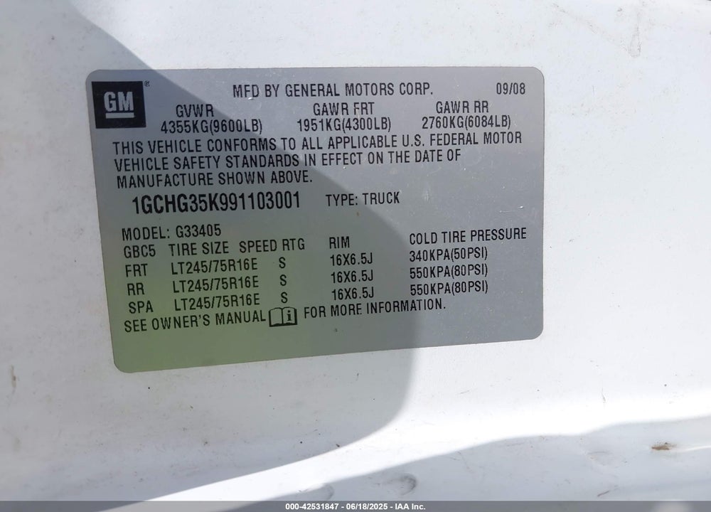2009 CHEVROLET EXPRESS 3500 WORK VAN VIN: 1GCHG35K991103001