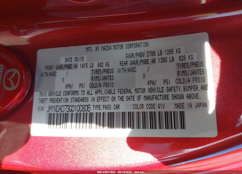 2016 MAZDA MX-5 MIATA VIN: JM1NDAD73G0100806