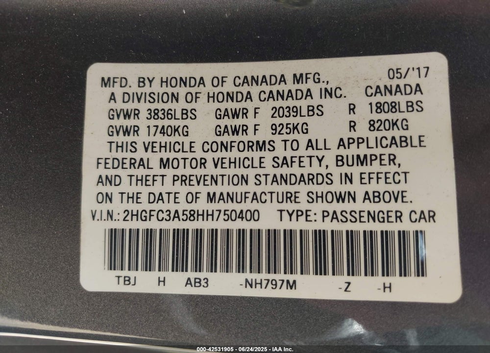 2017 HONDA CIVIC VIN: 2HGFC3A58HH750400