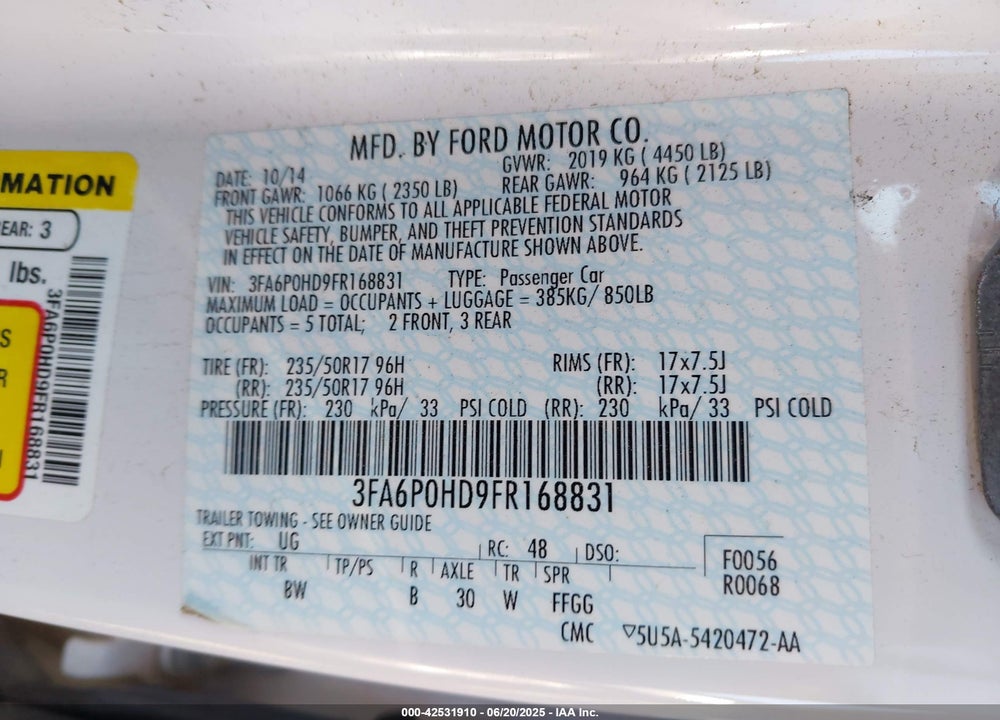 2015 FORD FUSION VIN: 3FA6P0HD9FR168831