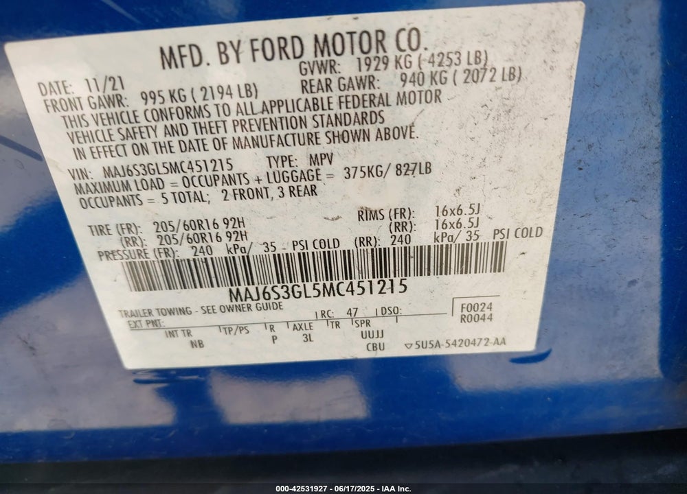 2021 FORD ECOSPORT VIN: MAJ6S3GL5MC451215