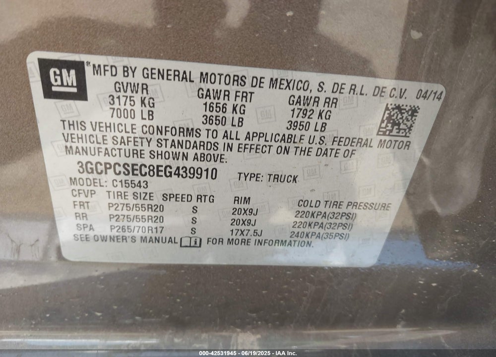 2014 CHEVROLET SILVERADO VIN: 3GCPCSEC8EG439910