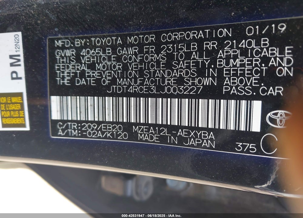 2020 TOYOTA COROLLA VIN: JTDT4RCE3LJ003227