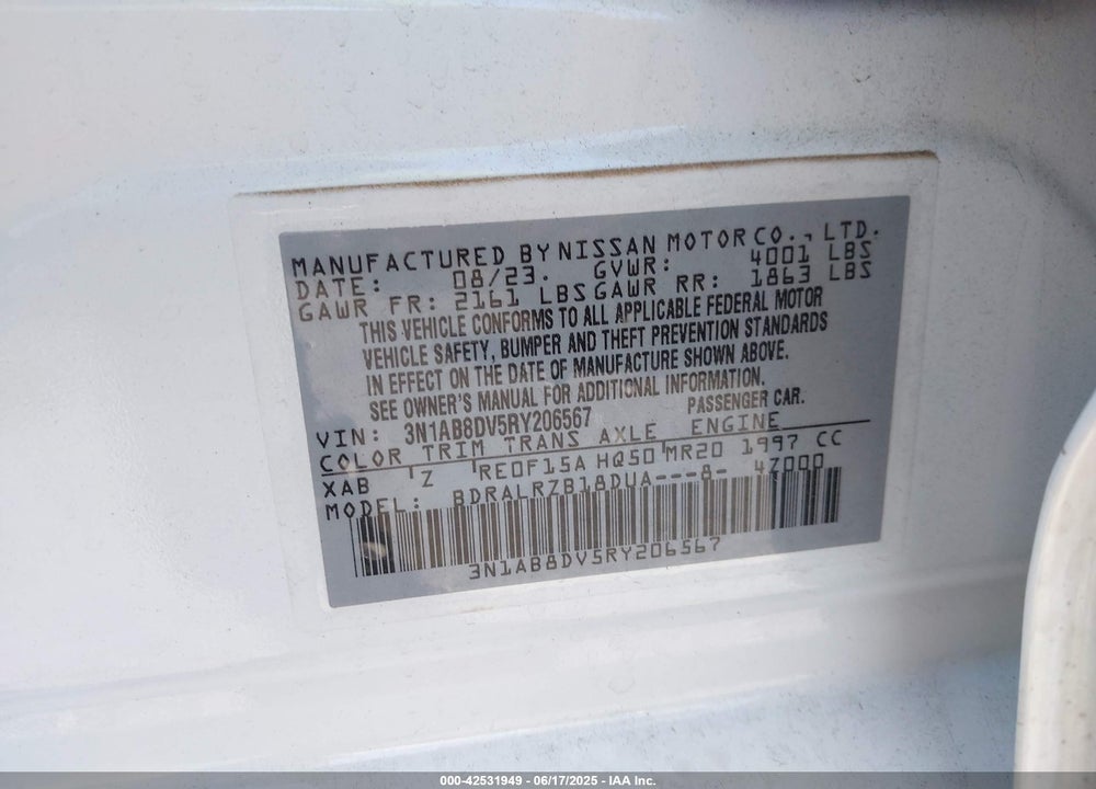 2024 NISSAN SENTRA VIN: 3N1AB8DV5RY206567