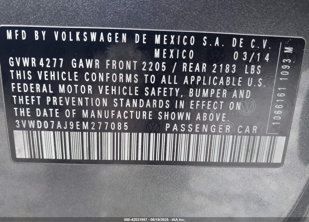 2014 VOLKSWAGEN JETTA VIN: 3VWD07AJ9EM277085