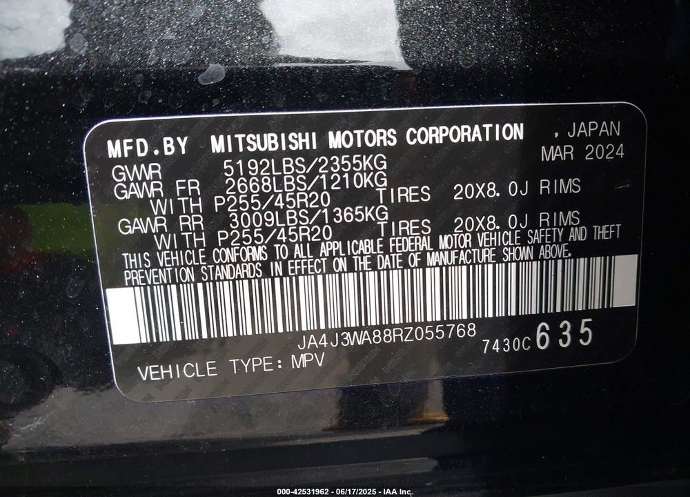 2024 MITSUBISHI OUTLANDER VIN: JA4J3WA88RZ055768