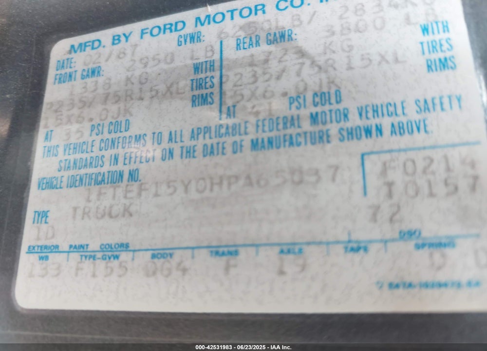 1987 FORD F150 VIN: 1FTEF15Y0HPA65037