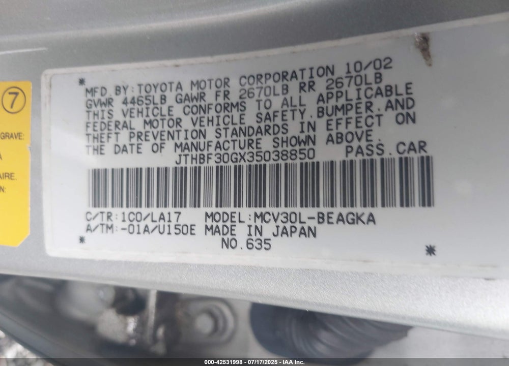2003 LEXUS ES 300 VIN: JTHBF30GX35038850