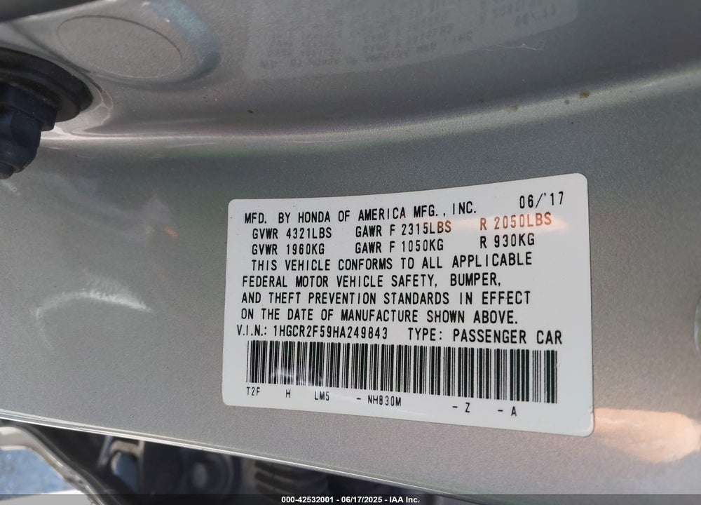 2017 HONDA ACCORD VIN: 1HGCR2F59HA249843