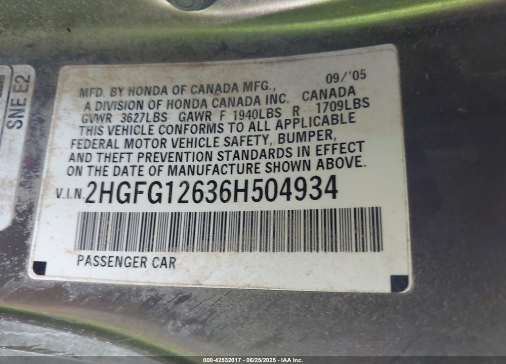 2006 HONDA CIVIC LX VIN: 2HGFG12636H504934