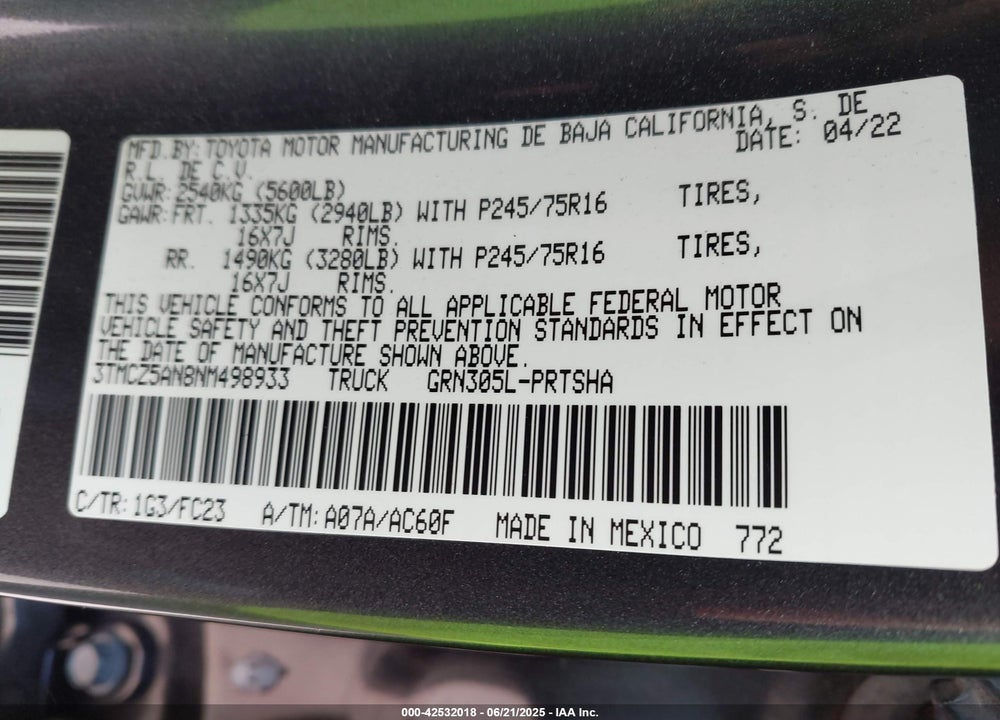 2022 TOYOTA TACOMA VIN: 3TMCZ5AN8NM498933