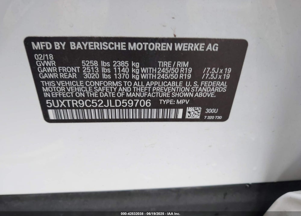 2018 BMW X3 VIN: 5UXTR9C52JLD59706