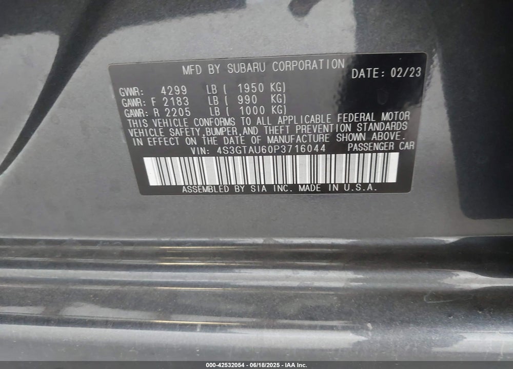 2023 SUBARU IMPREZA LIMITED 5-DOOR VIN: 4S3GTAU60P3716044