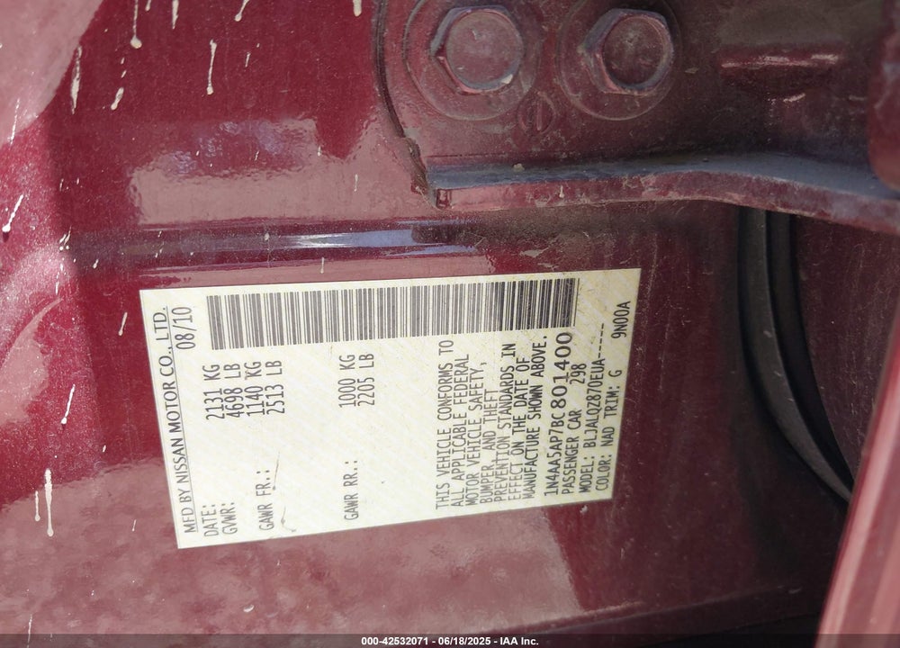 2011 NISSAN MAXIMA VIN: 1N4AA5AP7BC801400