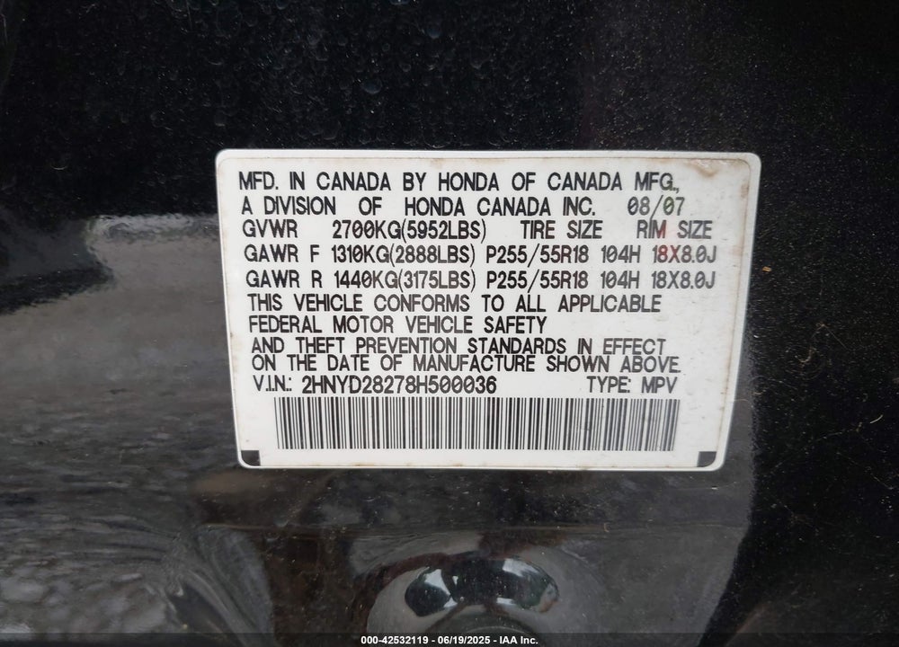 2008 ACURA MDX VIN: 2HNYD28278H500036