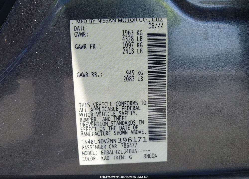 2022 NISSAN ALTIMA VIN: 1N4BL4DV2NN396171