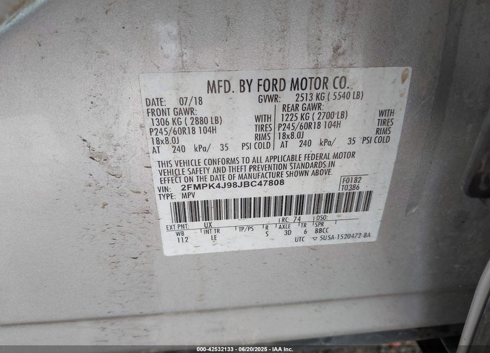 2018 FORD EDGE VIN: 2FMPK4J98JBC47808