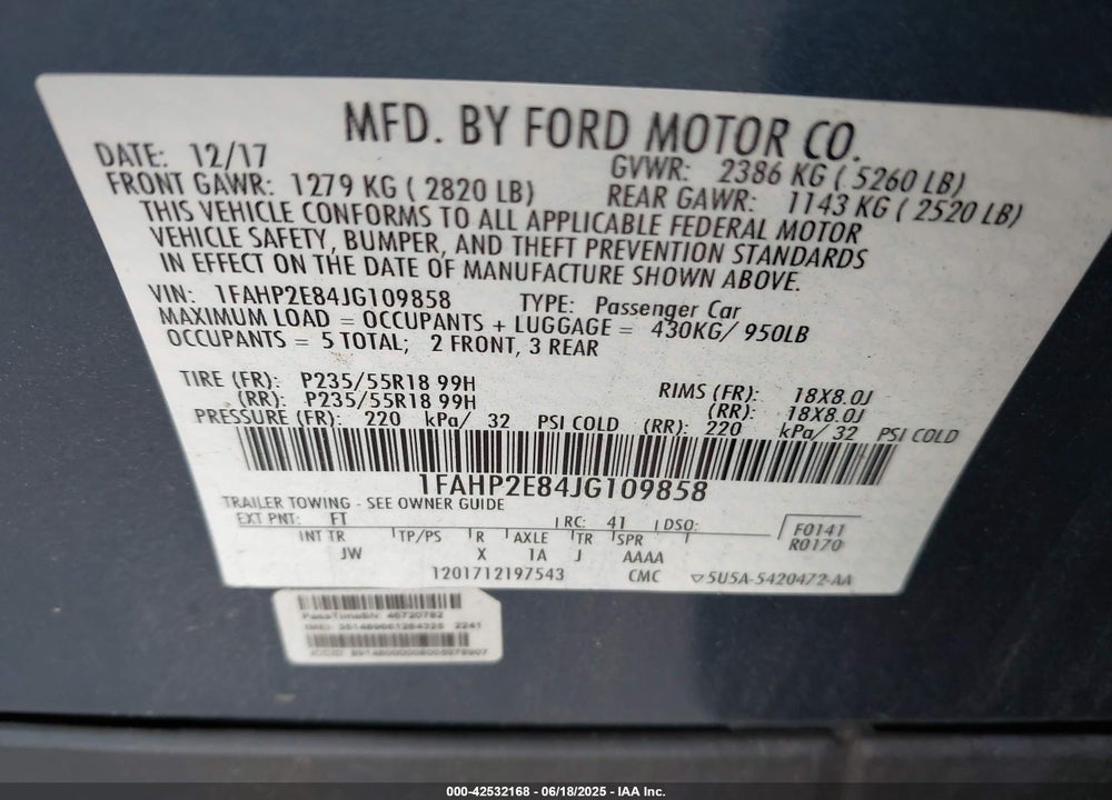 2018 FORD TAURUS VIN: 1FAHP2E84JG109858